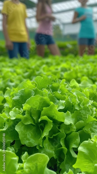 Obraz Students harvesting fresh lettuce in school garden, promoting sustainability and teamwork