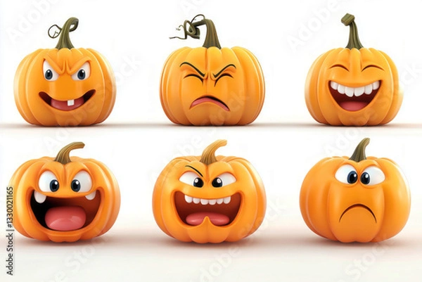 Fototapeta A set of 6 cute 3D pumpkin characters with smiling faces and varied emotions, isolated on a white background, perfect for fall-themed animations and playful designs