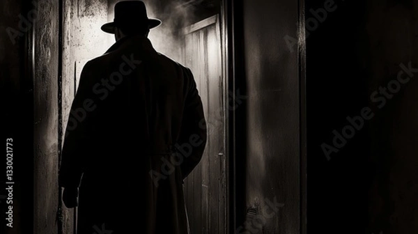 Obraz Shadowy noir detective in trench coat and fedora standing in a doorway, backlit by dim streetlight with dramatic high-contrast lighting, cinematic crime scene atmosphere