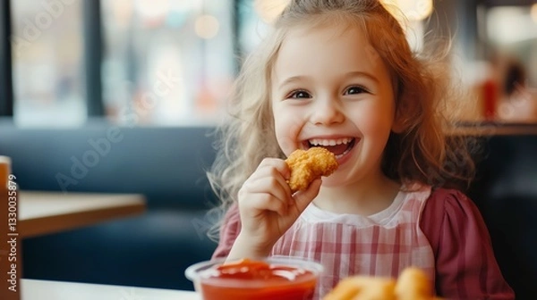 Obraz Cute little girl with dimples joyfully eating crispy chicken nuggets with ketchup in a stylish café booth, bright natural lighting and warm cheerful atmosphere