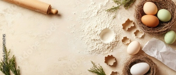 Fototapeta Festive Easter baking preparation with flour, eggs in nests, and cookie cutters on a beige surface for a springtime holiday concept