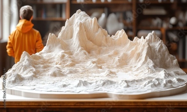 Fototapeta Model of a mountain range displayed in a workshop with a child observing