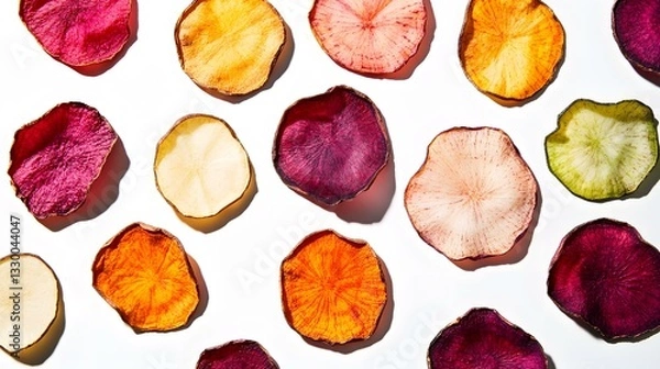 Fototapeta A professionally styled image of dried vegetable chips, such as sweet potato, beetroot, and zucchini slices, isolated on a pure white background. The crisp textures and rich colors are enhanced