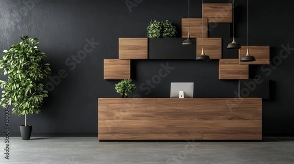Fototapeta Dynamic wooden reception counter with stacked layered panels, bold asymmetric structure, and contemporary industrial aesthetics