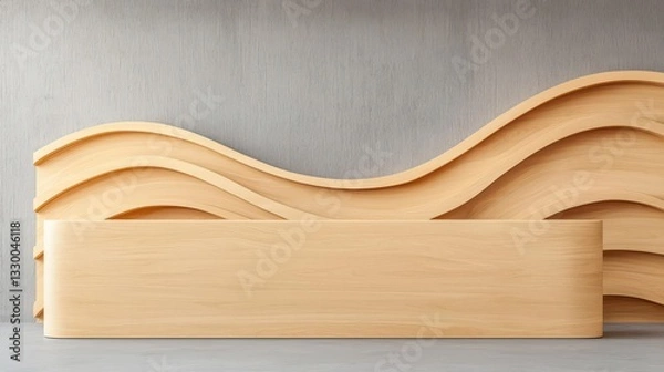Fototapeta Wavepatterned wooden reception counter with CNCcarved details, seamless flow design, and natural wood tones, artistic and modern workspace feature