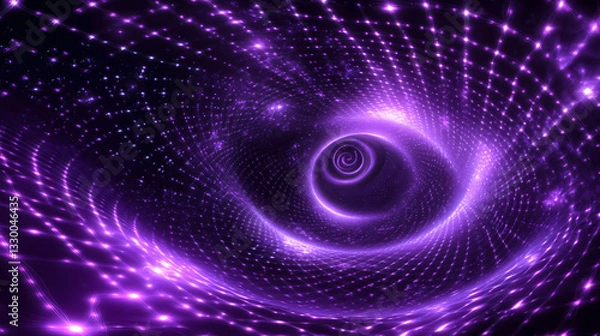 Fototapeta A spiral galaxy in an abstract purple and black space with glowing stars and an infinite grid of light. infinite fractal spiral. illustration. Infinite Glow. Illustration