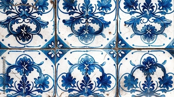 Fototapeta Ceramic wall tiles with blue and white ornament. Background.Old tiles with Spanish, Portuguese, and Moroccan patterns.