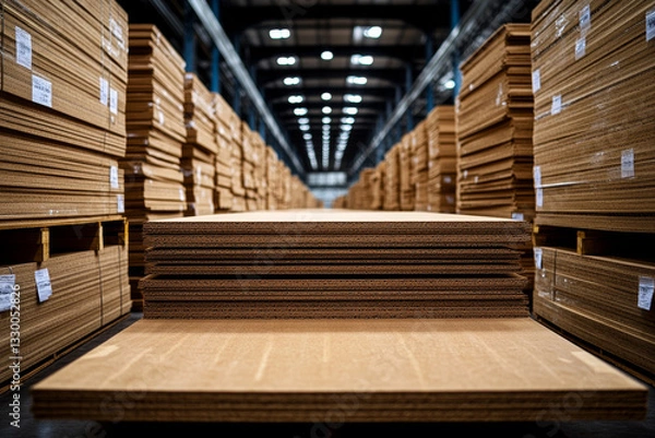 Obraz Neatly arranged stacks of cardboard in warehouse setting