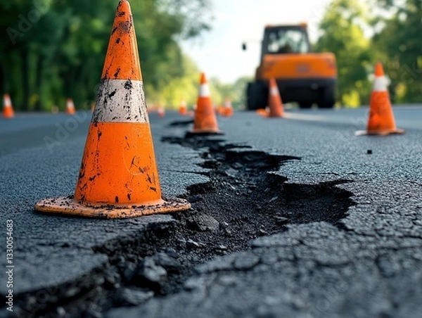 Fototapeta  A damaged asphalt road with multiple potholes. Orange traffic cones are placed around them as a temporary warning for drivers.