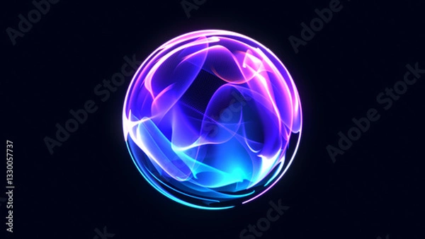 Fototapeta Glowing vibrant particle 3d sphere in the Universe. Abstract technology, science, engineering, and artificial intelligence background. Wave energy orb. Virtual assistant concept. 