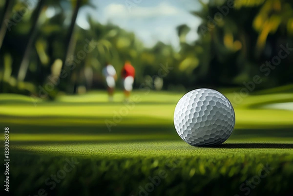 Obraz Golf ball on green with blurred players in background