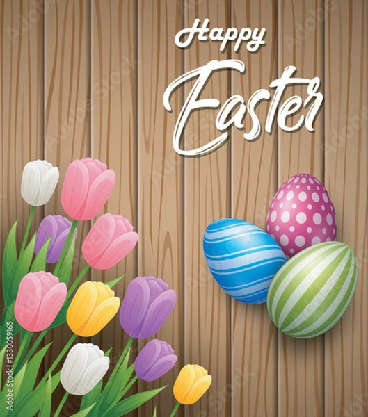 Obraz Happy Easter greeting card with decorated eggs and flowers above wooden background