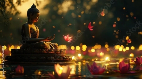 Fototapeta Buddha statue in meditation surrounded by lotus flowers on calm water, traditional Vesak festival in Buddhism
