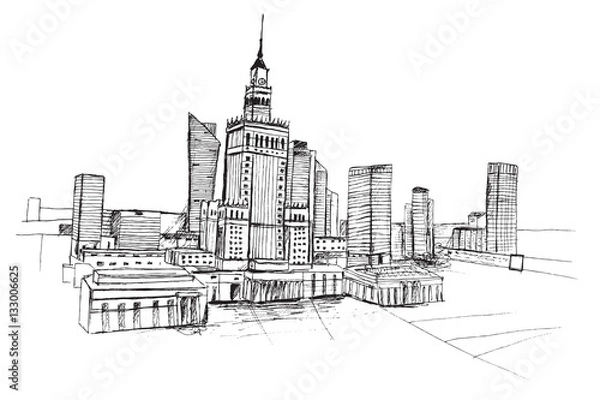 Obraz Panorama miasta Warszawa. Rysunek ręcznie rysowany czarnym piórkiem na białym tle.