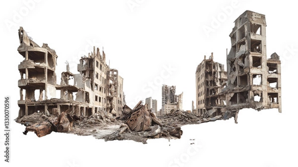 Fototapeta a destroyed city with a white background Cutout and isolated and transparent background image