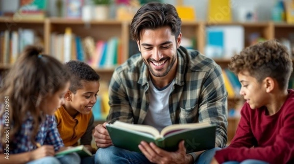 Fototapeta Engaging reading session with children in a cozy library setting filled with colorful books