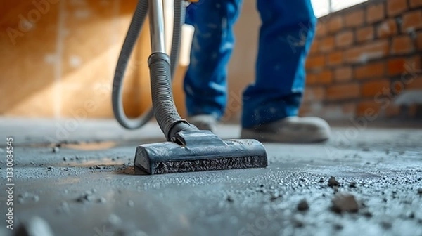 Fototapeta Construction Worker Vacuuming Debris on Site, A construction worker vacuuming debris on a concrete floor in a building site