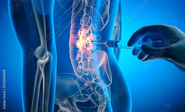 Fototapeta X ray 3D illustration with blue background of spinal drug injection for lower back pain treatment 