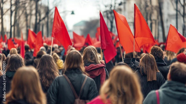 Fototapeta Crowd of protesters with red flags marching in urban setting. Mass demonstration with people carrying socialist symbols, showing collective action and political activism with powerful visual impact.
