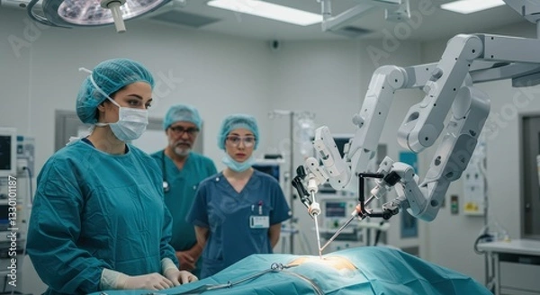 Fototapeta Surgeons and assistants work with robotic equipment in a sterile operating room setting