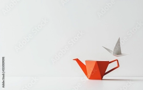 Fototapeta Orange Origami Teapot and White Origami Bird on White Background