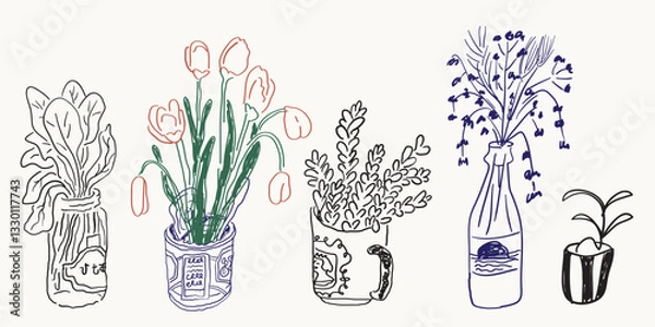 Fototapeta flower bouquet set in hand drawn style in vector. Element for design advertisement mail posts poster print postcard banner decor backgrounds