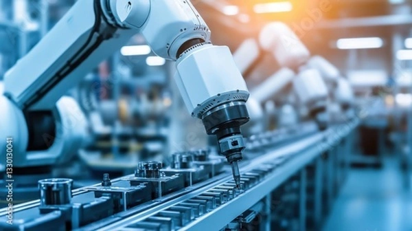 Fototapeta Advanced robotic arm in automated assembly line for industrial production