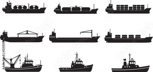 Fototapeta industrial ship icon set. vessels for transportation and fishing. isolated vector images in simple style