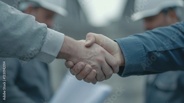 Fototapeta Hands shaking in agreement, diverse construction workers collaborating on a project, demonstrating teamwork and unity.