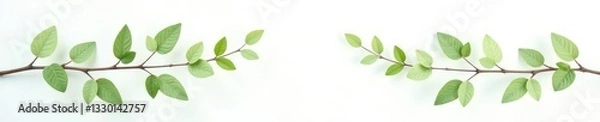Fototapeta Delicate branches with leaves isolated on white background, minimalist, leafy greens