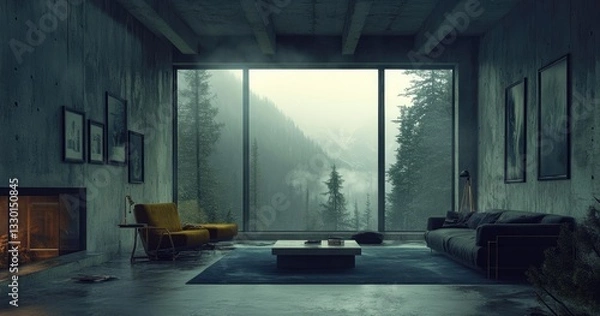 Fototapeta Modern interior design with concrete walls, large windows overlooking the misty forest outside, and modern furniture such as sofa chairs
