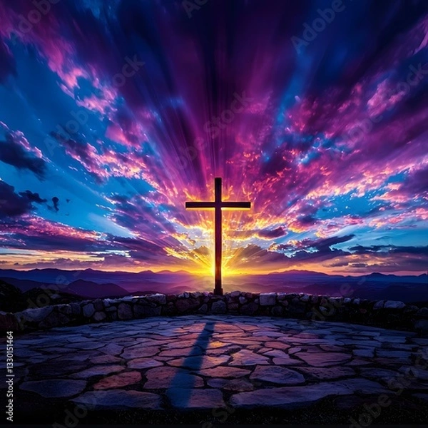 Fototapeta Majestic cross standing proudly in the center of a mountain landscape representing a significant christian symbol