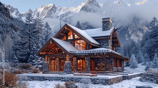 Fototapeta Picturesque rustic mountain cabin design surrounded by snowy peaks creating a cozy winter retreat in nature
