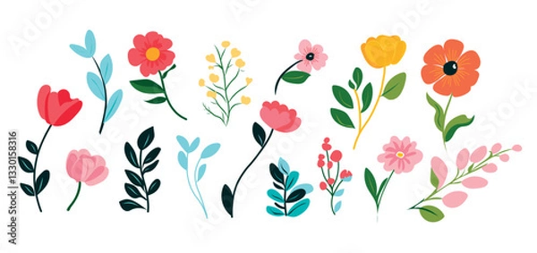 Fototapeta Collection of spring colorful flower elements vector. Set floral of wildflower, leaf branch, foliage on white background. Hand drawn blossom illustration for decor, easter, sticker, clipart, print.