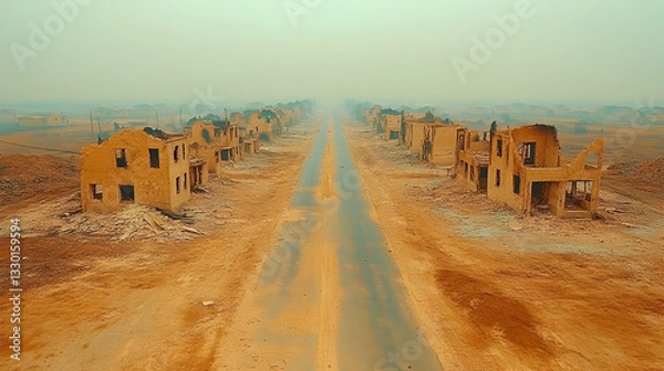 Obraz Desolate town, ruined buildings, empty road
