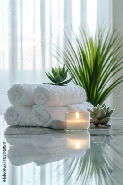 Obraz Serene Spa Setting: White Towels, Candle, and Succulents