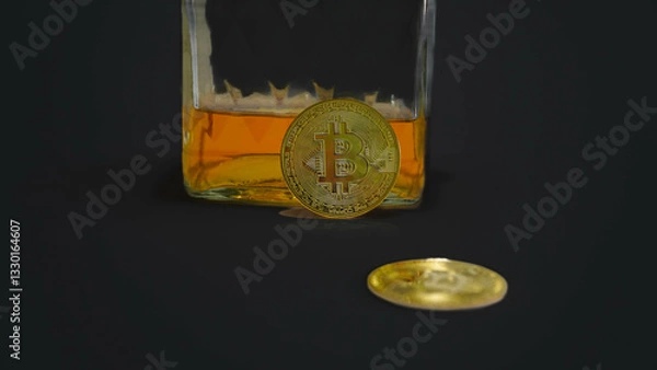 Fototapeta Bitcoin. Golden coins with bitcoin symbol isolated on black background. Digital currency. Block chain. Cryptocurrency