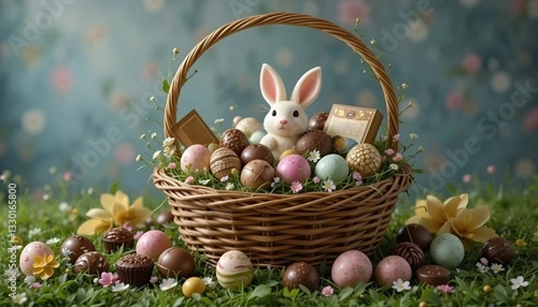 Fototapeta easter bunny with basket of eggs