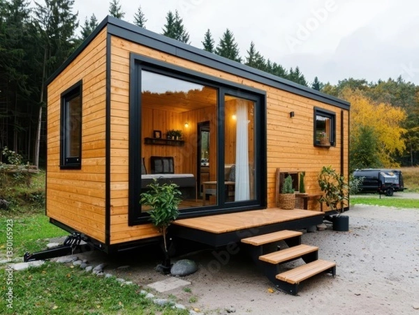 Fototapeta Earthfriendly tiny house with minimalist natural wood facade, composting system, and offgrid energy, Sustainable Architecture Minimalist, tiny green living