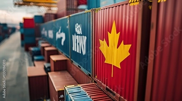 Obraz stack of container with Canada  flag symbol on it , A new tariff was imposed on Canada, Mexico and China concept, 
