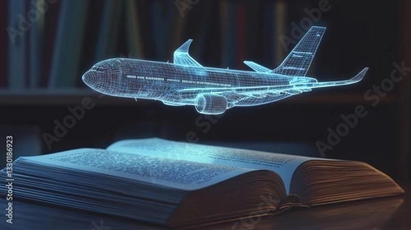 Fototapeta airplane model leaps out from the pages of an open book, its sleek design glowing with soft light. The model hovers above the book, technology learning concept 