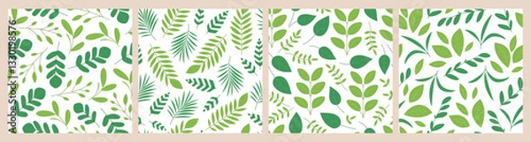 Fototapeta Branches and leaves seamless patterns set. Green collection with different foliage on white background. Summer or spring garden, forest. Vector flat illustration for wallpaper, textile, packaging