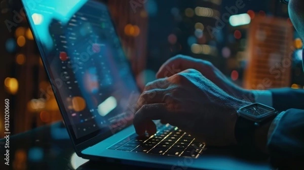 Fototapeta Professional with a laptop waiting for an interview with the hiring team at a digital agency focused on tech roles, including cybersecurity and programming positions