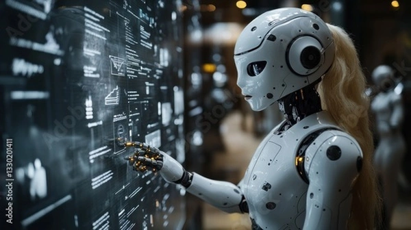 Obraz Futuristic Female Robot Interacting with Advanced Data Interface
