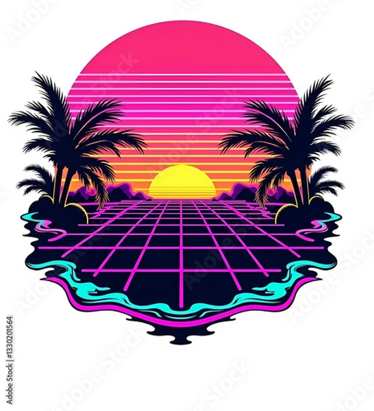 Fototapeta Experience the essence of the 80s with this vibrant synthwave design, featuring a bold sunset over a grid landscape 