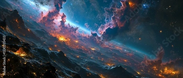 Fototapeta A vibrant nebula swirling with gradient colors, illuminated by distant starlight and sparkling cosmic dust.