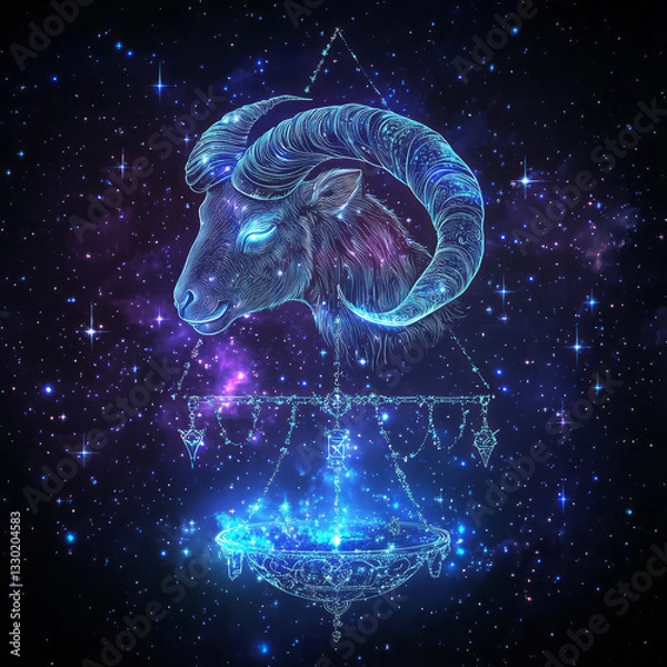 Fototapeta An astrological sign glows against a starry blue background, blending cosmic energy with zodiac symbolism, Generative AI