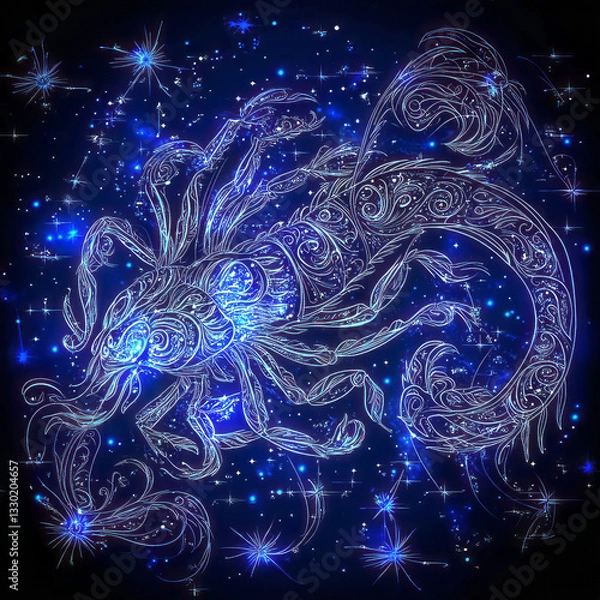 Fototapeta An astrological sign glows against a starry blue background, blending cosmic energy with zodiac symbolism, Generative AI