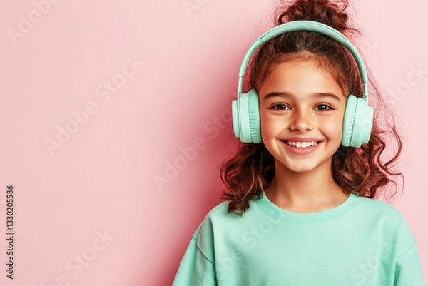 Fototapeta Portrait of a joyful Latin girl with headphones, soft pink backdrop, symbolizing passion for studying online or enjoying music, ideal for lifestyle and music visuals