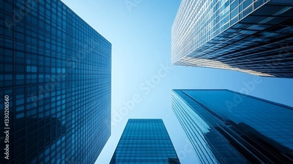 Fototapeta Looking up at Tall Blue Glass Skyscrapers Against Clear Sky